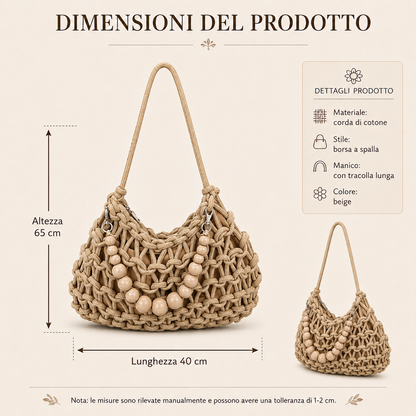 Borsa a Spalla Intrecciata Beige con Decorazione Perle