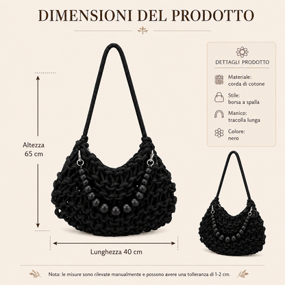 Borsa a Spalla Intrecciata Nera con Decorazione Perle