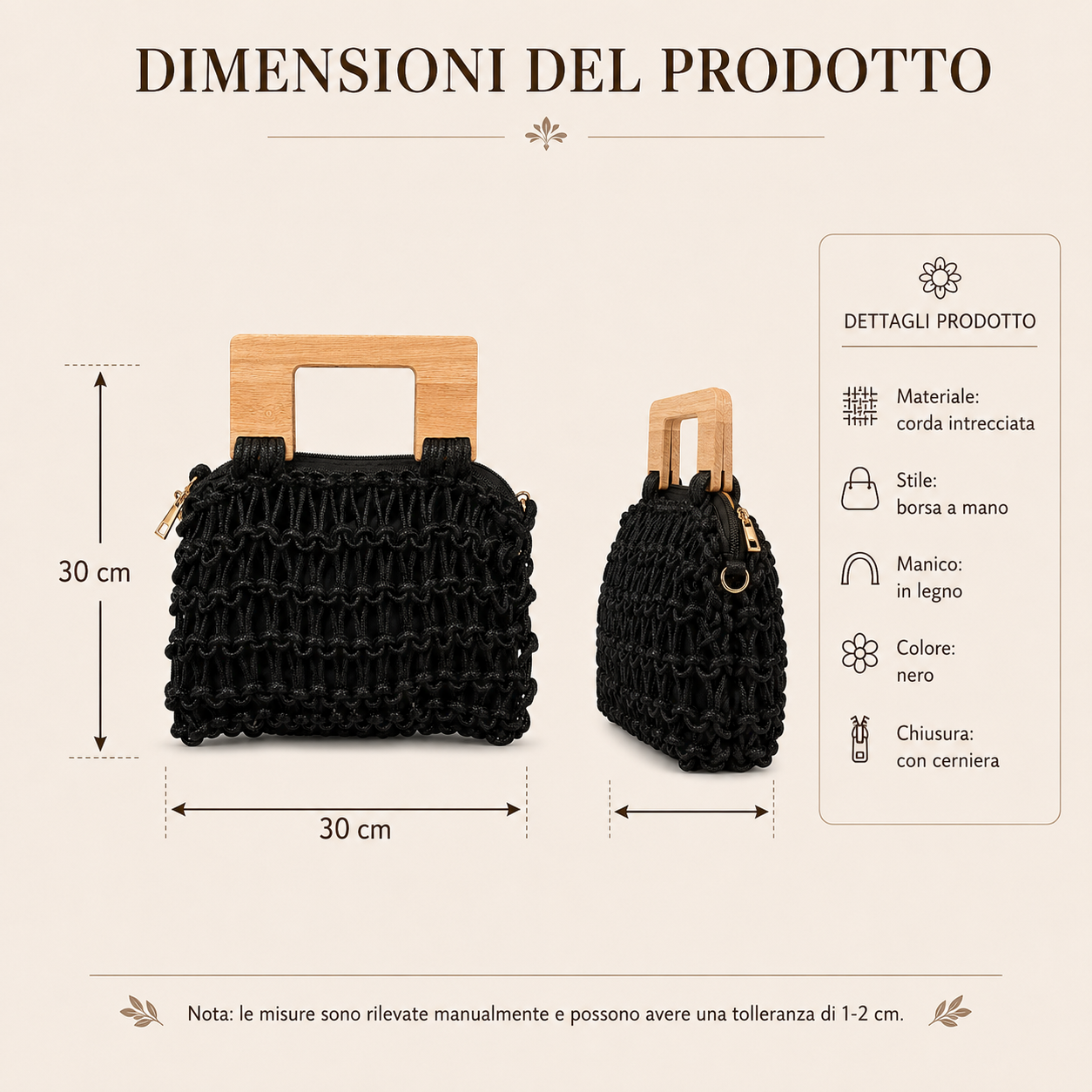 Borsa a Mano Intrecciata Nera con Manico in Legno