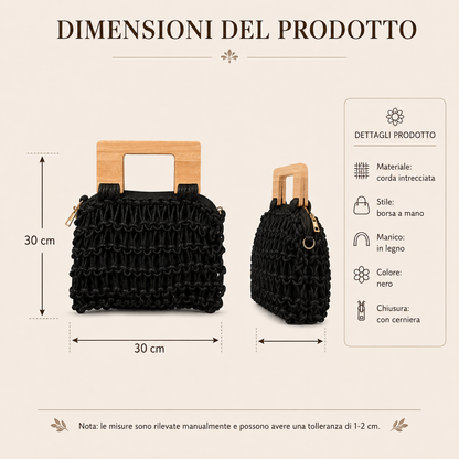 Borsa a Mano Intrecciata Nera con Manico in Legno