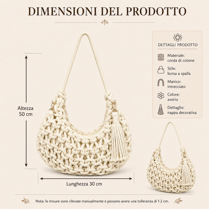 Borsa a Spalla Intrecciata Avorio con Nappina