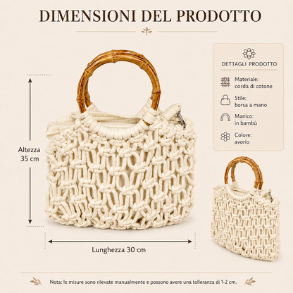 Borsa a Mano Intrecciata Avorio con Manico in Bambù