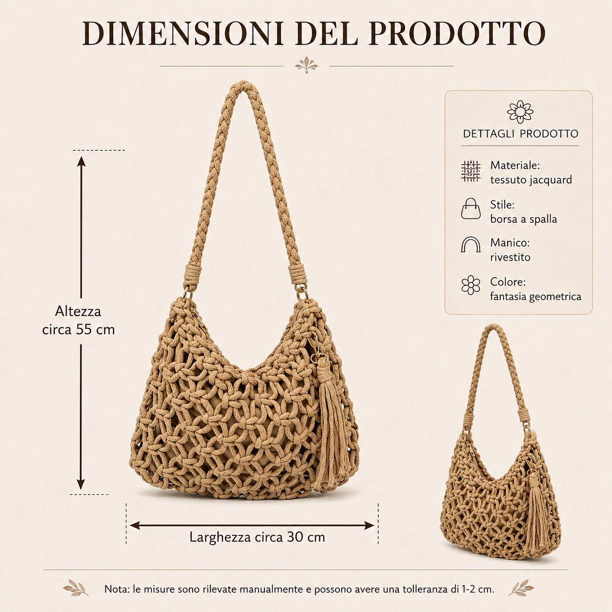 Borsa a Spalla Intrecciata Beige con Nappina