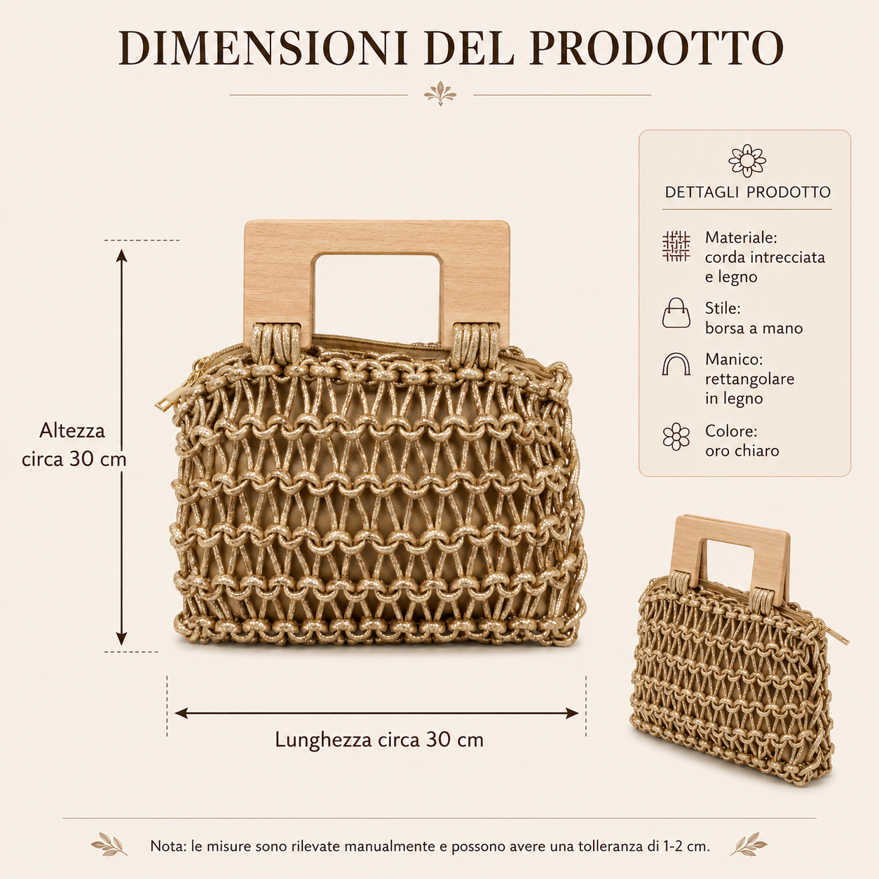 Borsa a Mano Intrecciata Oro Chiaro con Manico in Legno