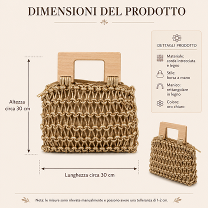 Borsa a Mano Intrecciata Oro Chiaro con Manico in Legno