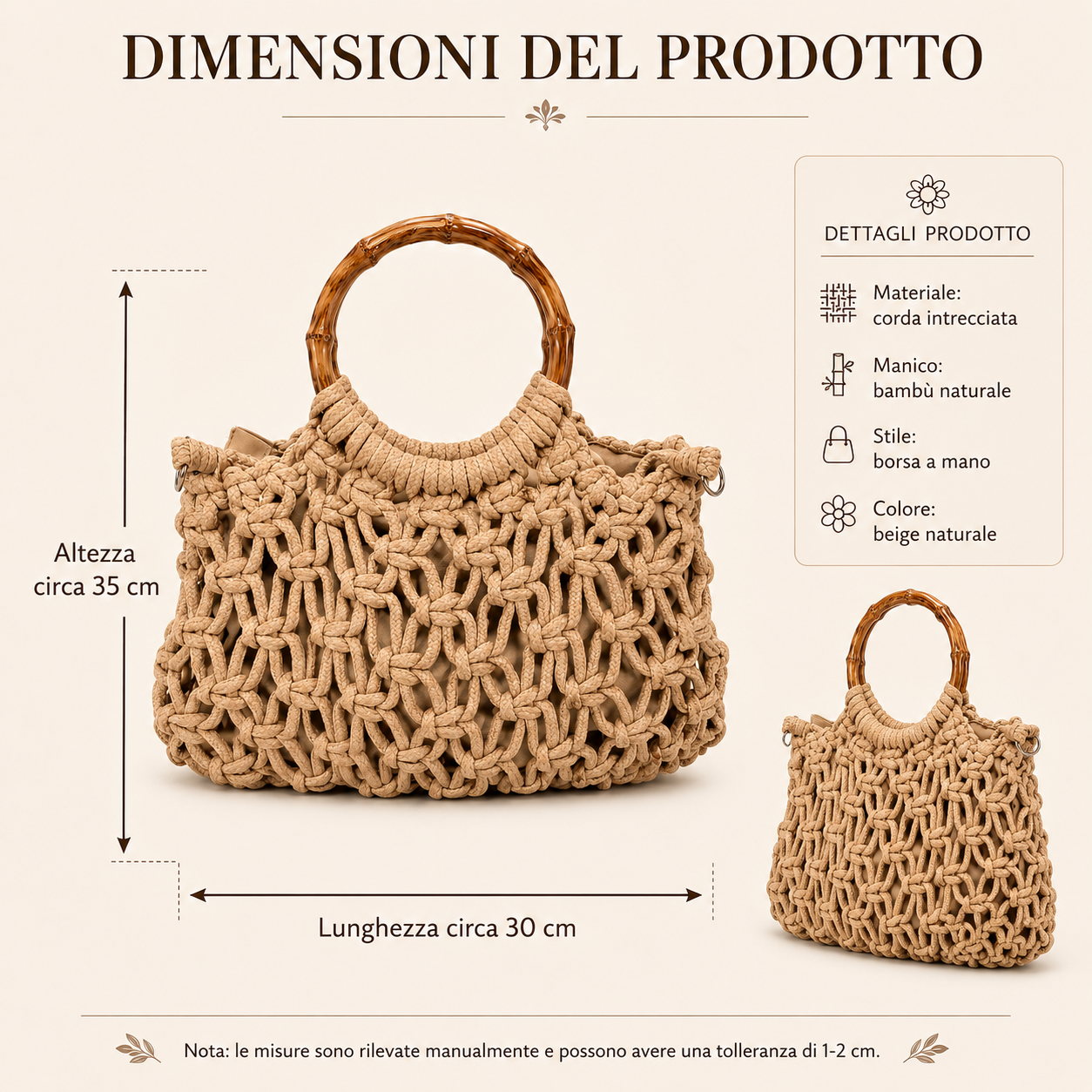 Borsa a Mano Intrecciata Beige con Manico in Bambù