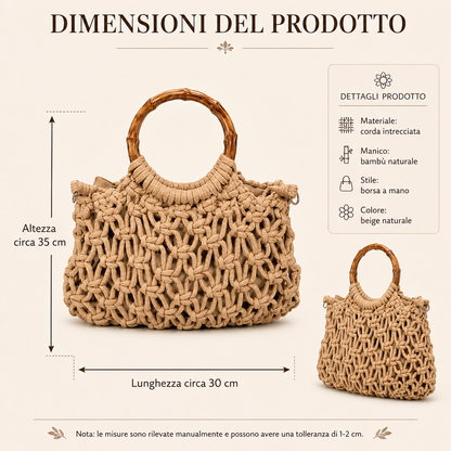Borsa a Mano Intrecciata Beige con Manico in Bambù