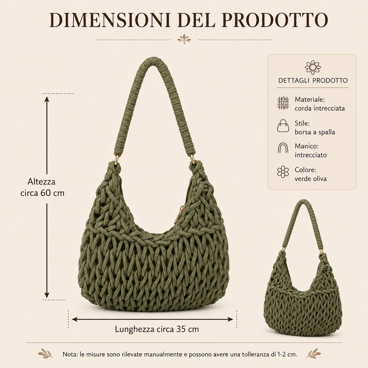 Borsa a Spalla Intrecciata Verde Oliva con Manico Intrecciato