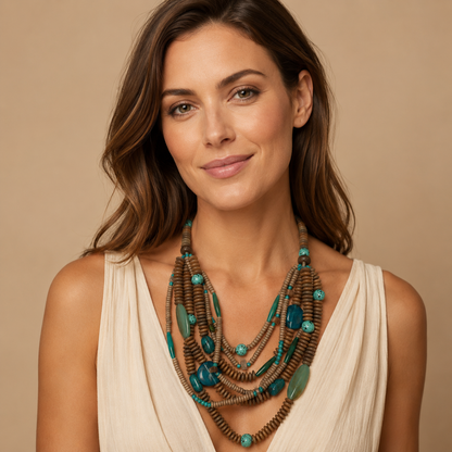 Collana Multistrato Boho con Perline in Legno e Turchese – Collana Statement Donna