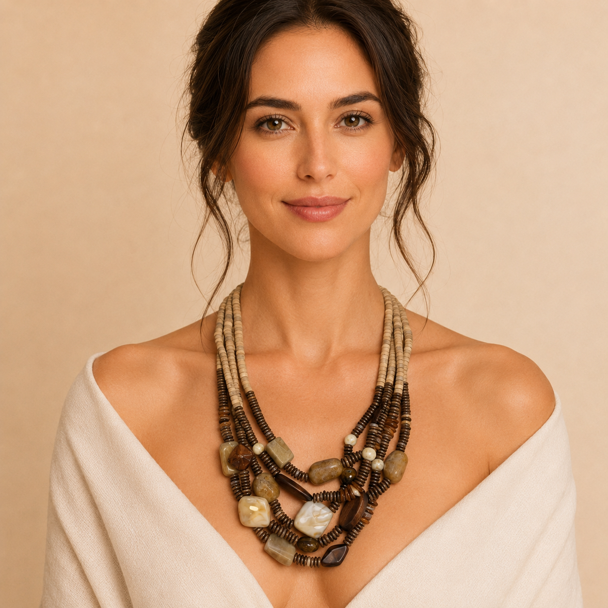 Collana Multistrato Naturale in Legno e Pietre Effetto Marmo