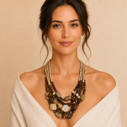 Collana Multistrato Naturale in Legno e Pietre Effetto Marmo