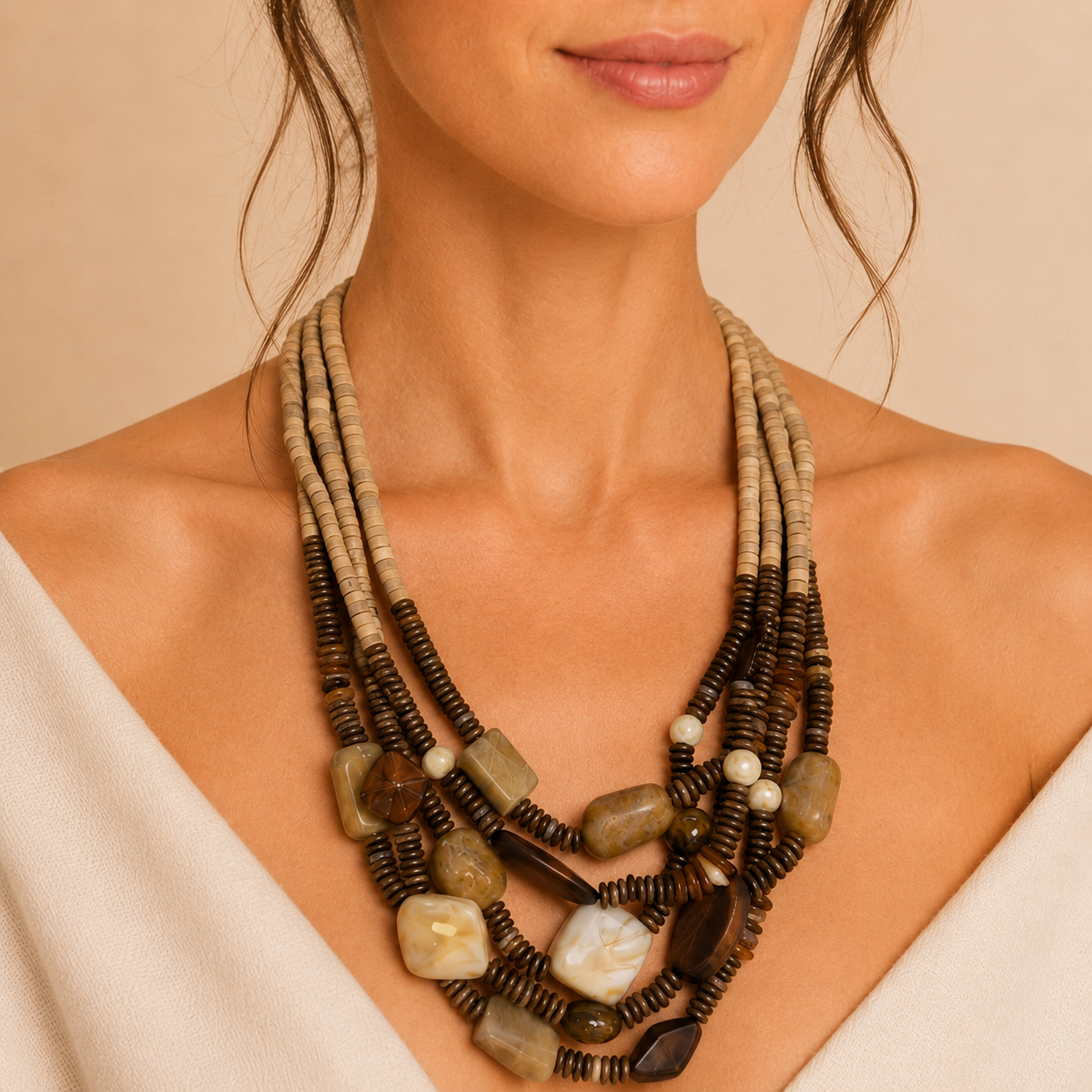 Collana Multistrato Naturale in Legno e Pietre Effetto Marmo