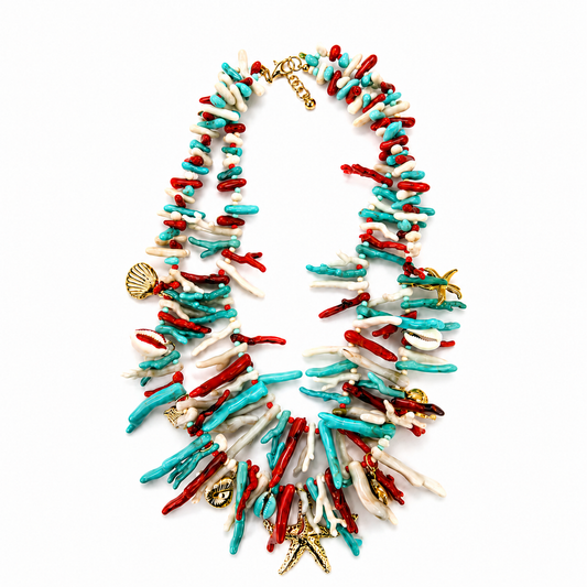 Collana Statement Corallo Multicolore con Stelle Marine e Conchiglie – Collana Boho Mare Donna