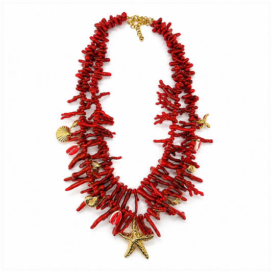 Collana Statement Corallo Rosso con Stella Marina e Conchiglie – Collana Boho Mare Donna