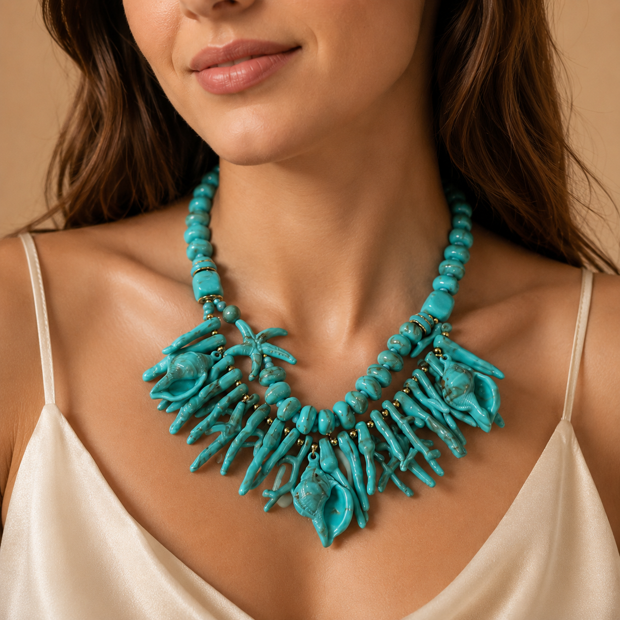 Collana Statement Turchese con Coralli, Conchiglie e Stelle Marine – Collana Mare Donna