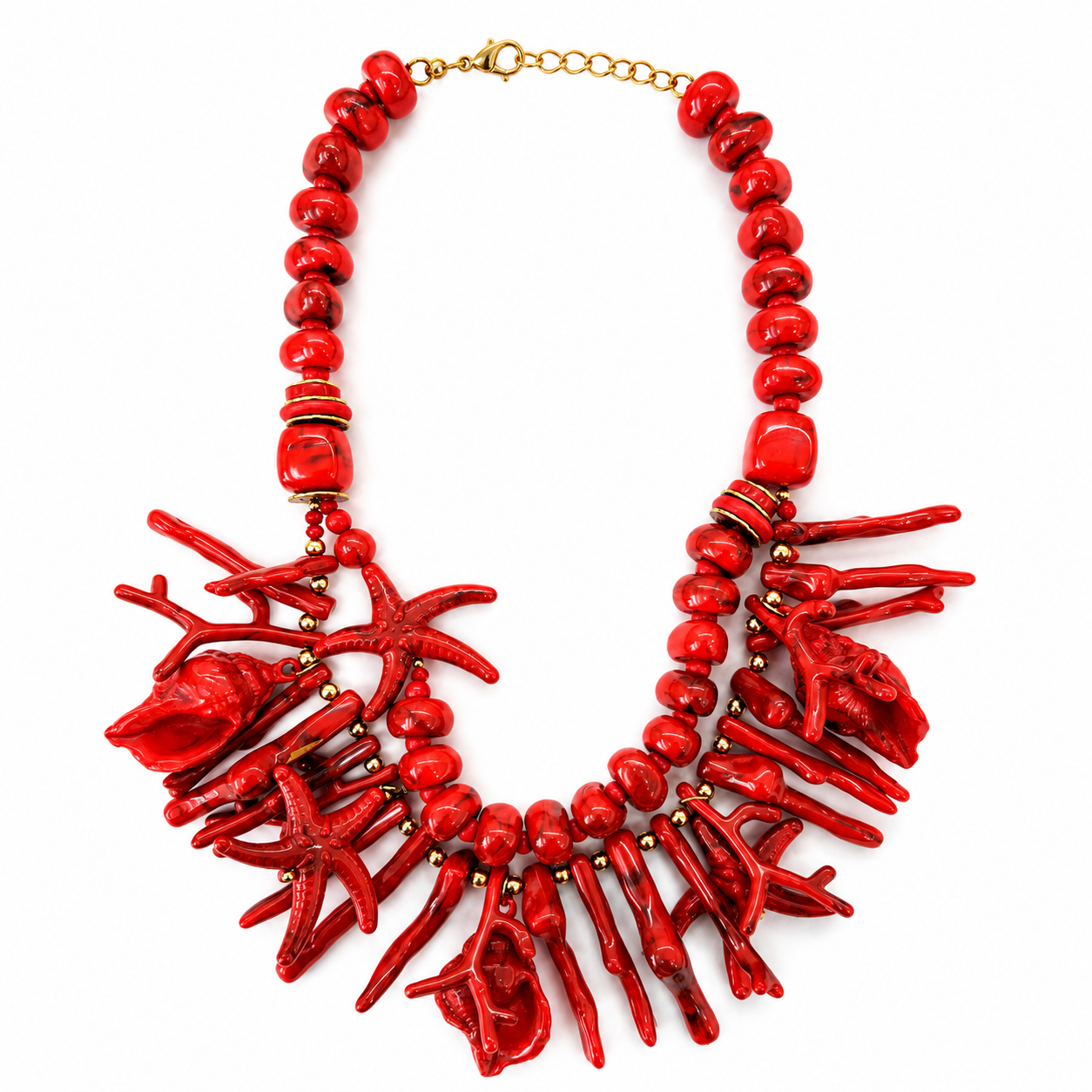Collana Statement Corallo Rosso con Conchiglie e Stelle Marine – Collana Mare Donna
