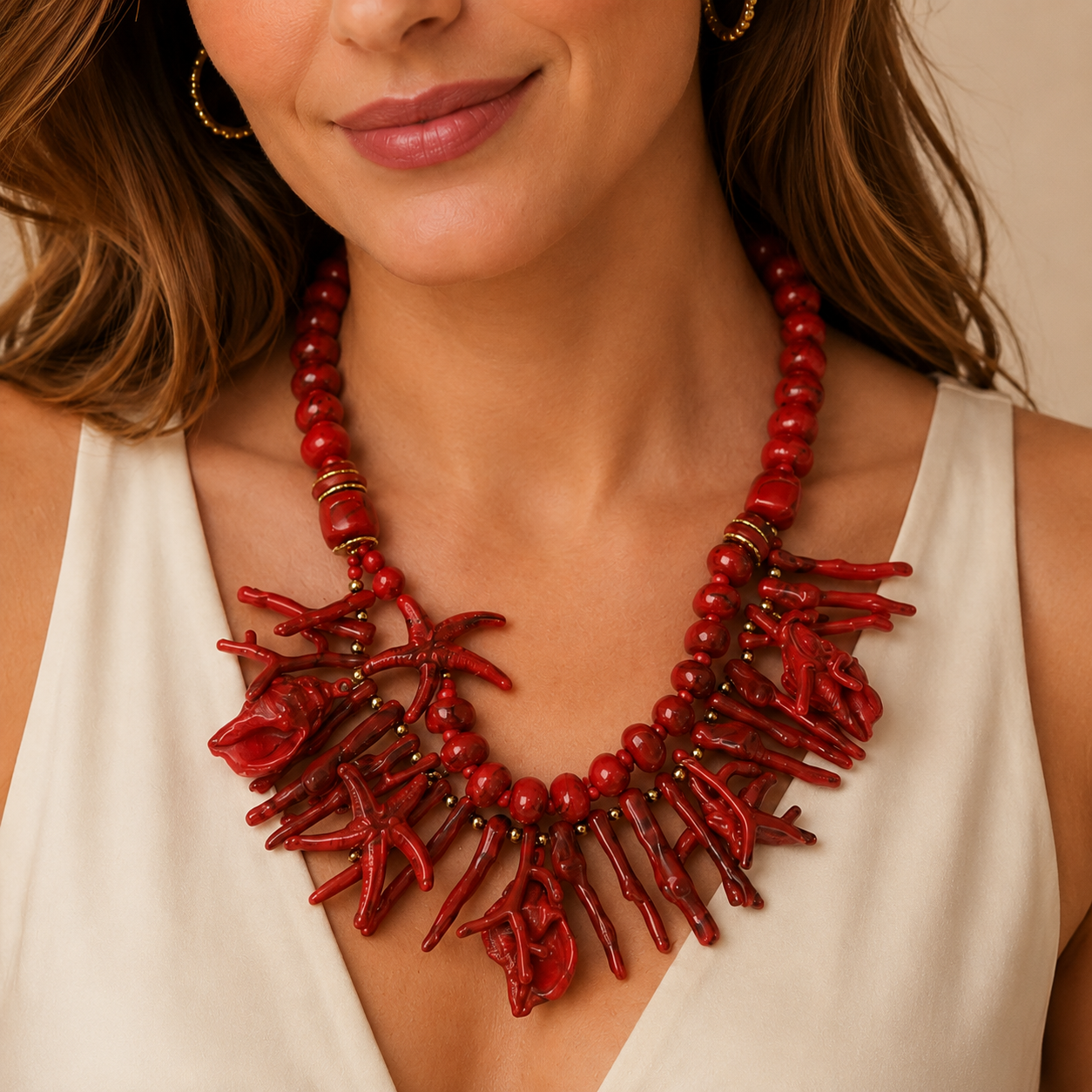 Collana Statement Corallo Rosso con Conchiglie e Stelle Marine – Collana Mare Donna