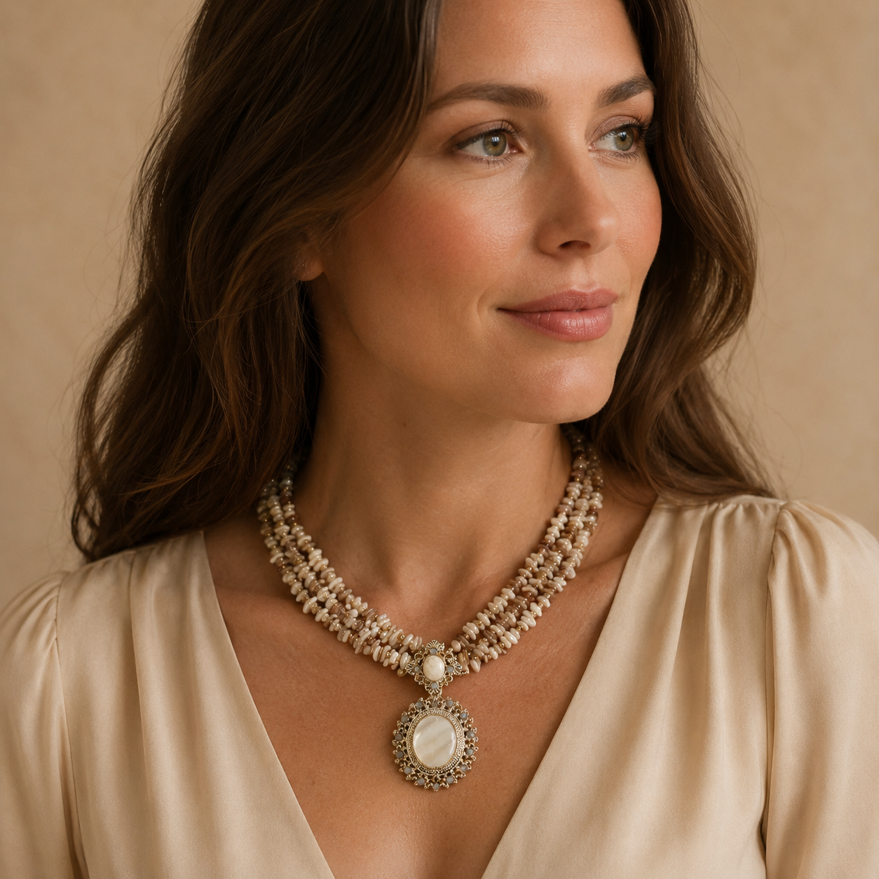 Collana Multistrato con Perle Naturali e Maxi Pendente Vintage – Collana Elegante Donna