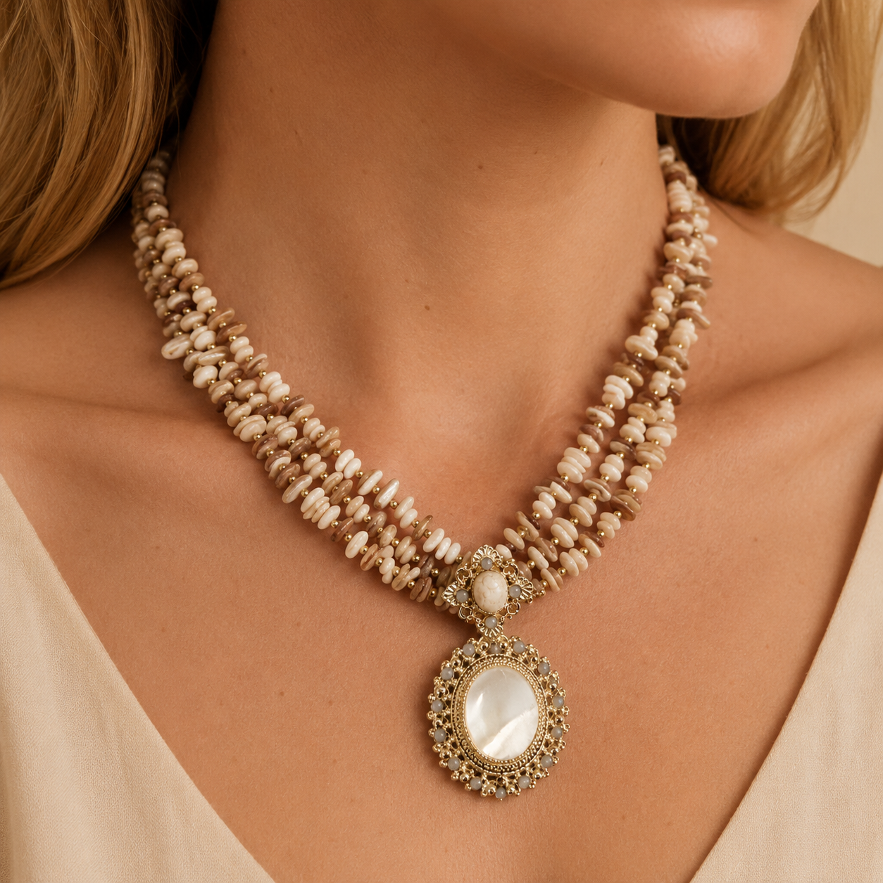 Collana Multistrato con Perle Naturali e Maxi Pendente Vintage – Collana Elegante Donna