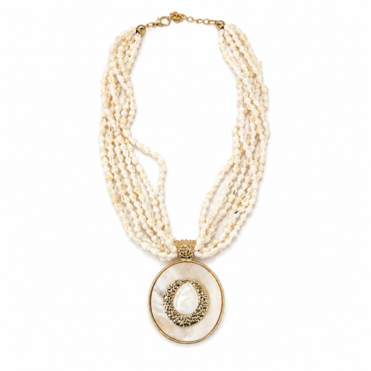 Collana Multistrato Bianca con Conchiglie Naturali e Maxi Pendente Madreperla – Collana Elegante Donna