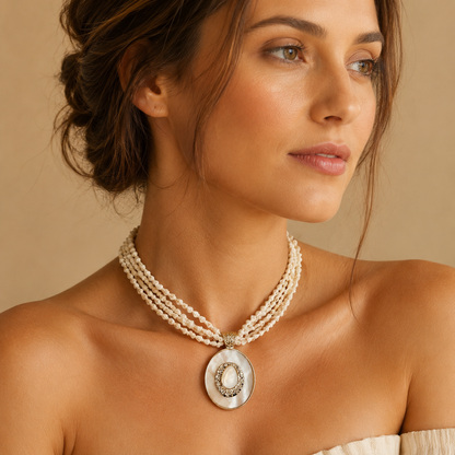 Collana Multistrato Bianca con Conchiglie Naturali e Maxi Pendente Madreperla – Collana Elegante Donna