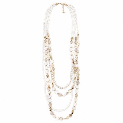 Collana Multistrato Bianca con Madreperla e Perle – Collana Lunga Elegante Donna