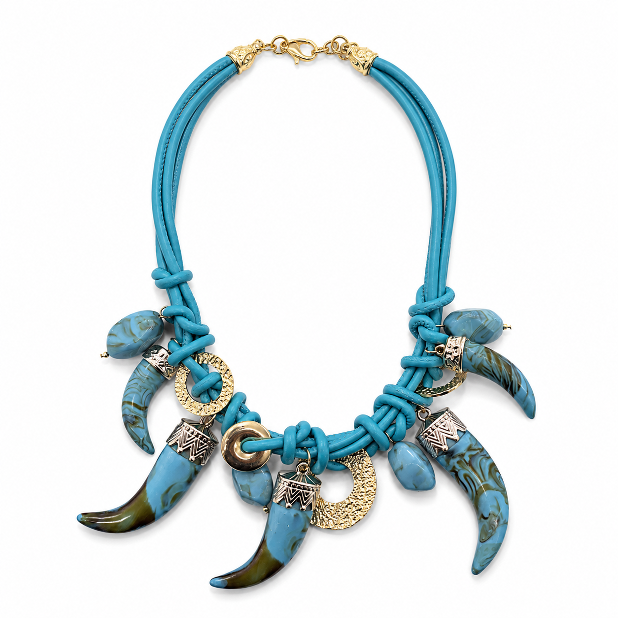 Collana Statement Azzurra con Cordoni Intrecciati e Pendenti Effetto Corno – Collana Boho Chic Donna