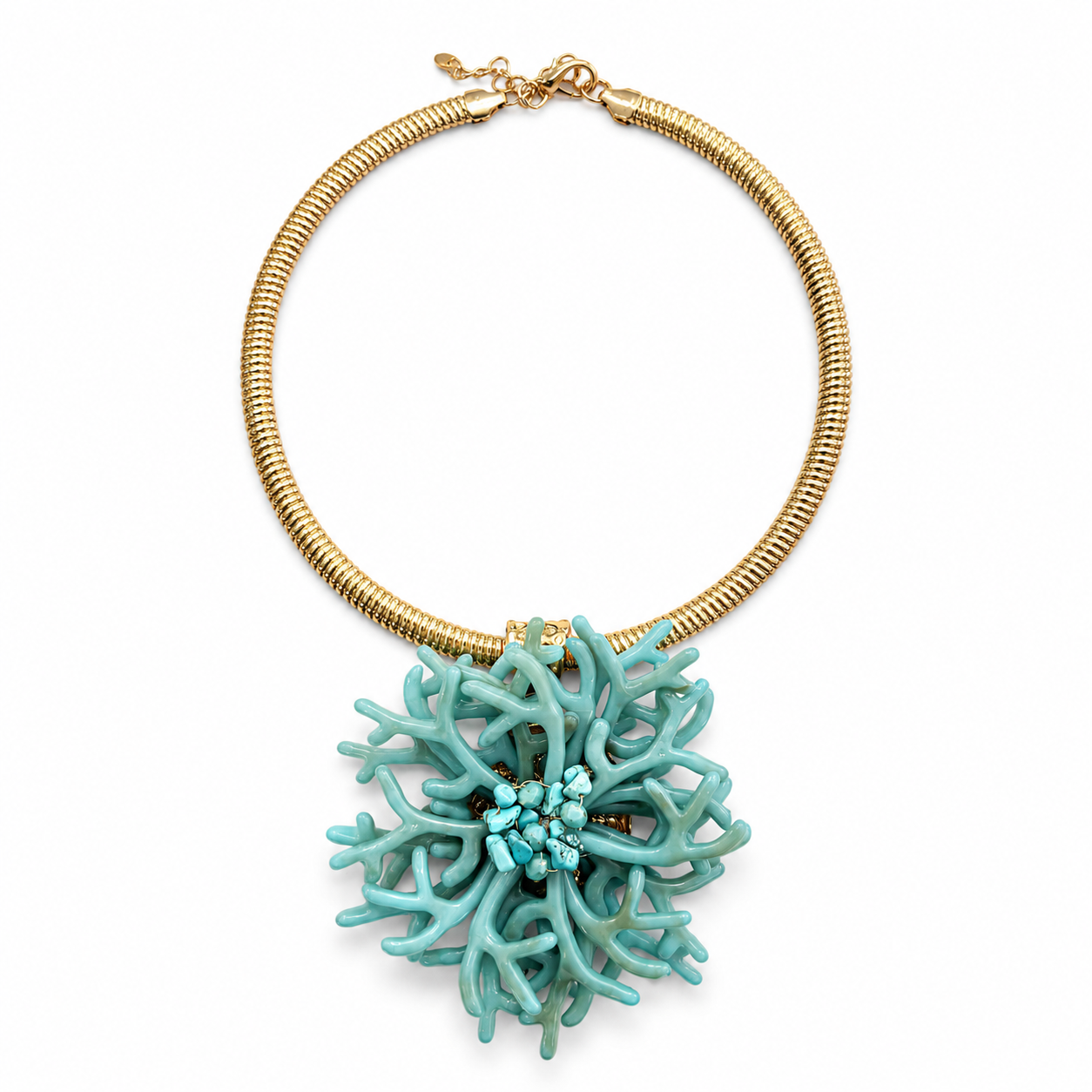 Collana Statement con Maxi Ciondolo Corallo Azzurro e Girocollo Dorato – Collana Elegante Donna
