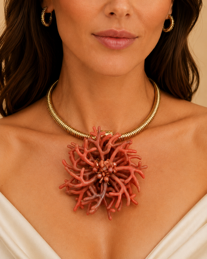 Collana Statement con Maxi Ciondolo Corallo Rosa e Girocollo Dorato – Collana Elegante Donna