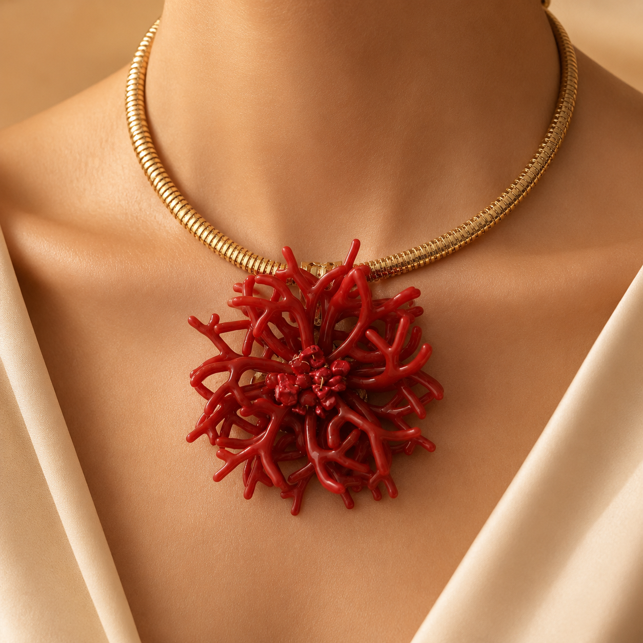 Collana Statement con Maxi Ciondolo Corallo Rosso e Girocollo Dorato – Collana Elegante Donna