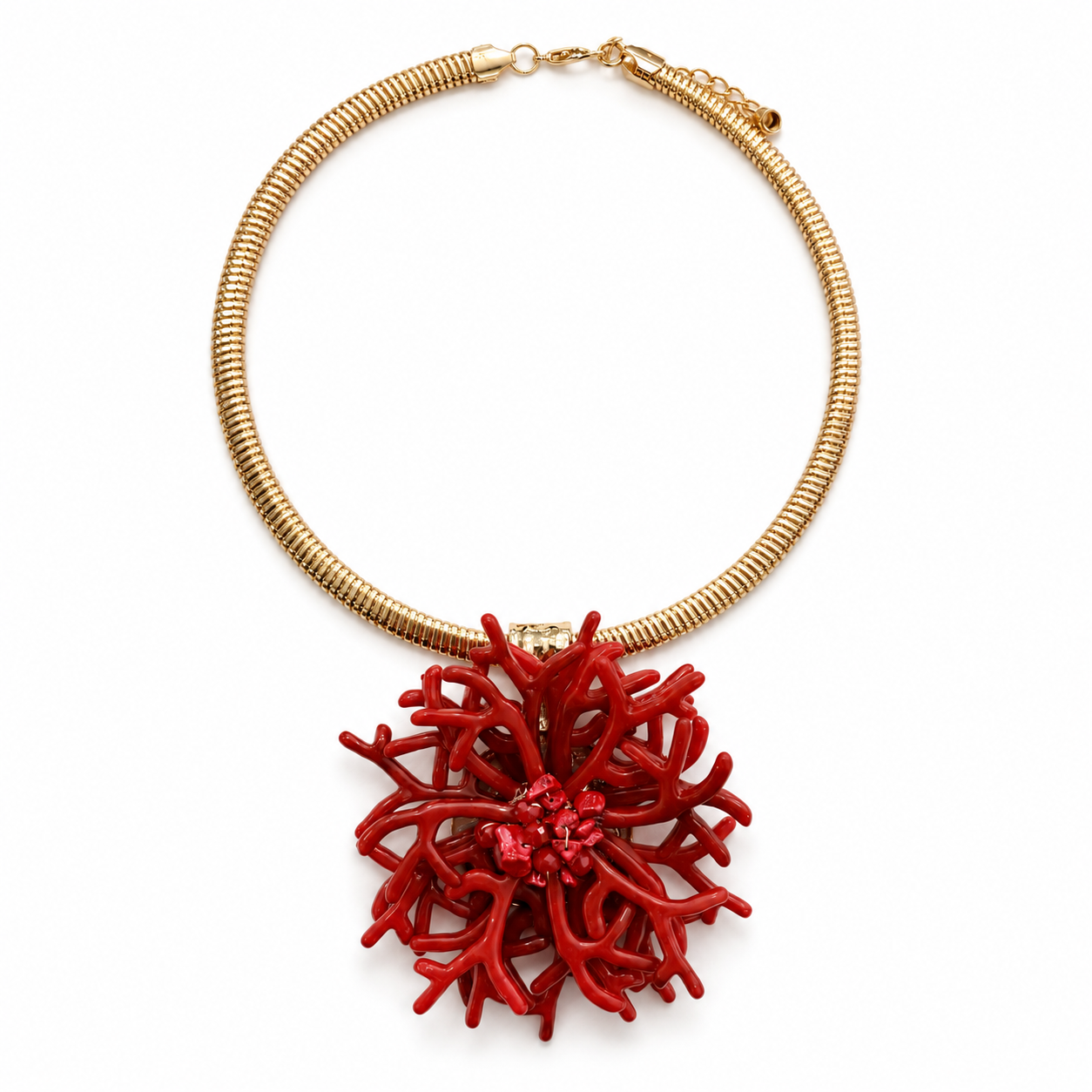 Collana Statement con Maxi Ciondolo Corallo Rosso e Girocollo Dorato – Collana Elegante Donna