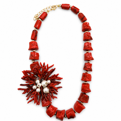 Collana Corallo Rosso Statement con Perle Decorative – Collana Elegante Mare Donna