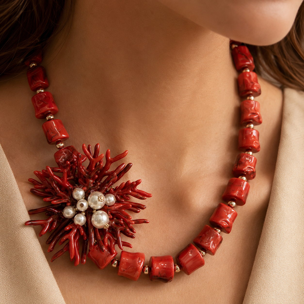 Collana Corallo Rosso Statement con Perle Decorative – Collana Elegante Mare Donna