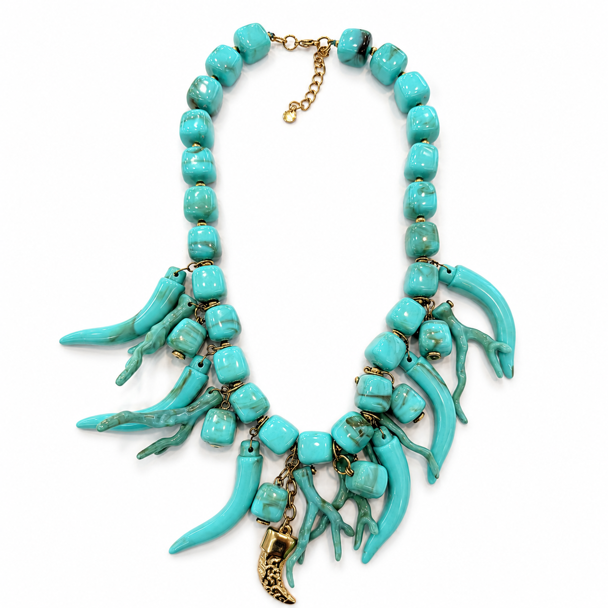 Collana Statement Turchese con Pendenti Corallo e Corno – Collana Donna Stile Mediterraneo