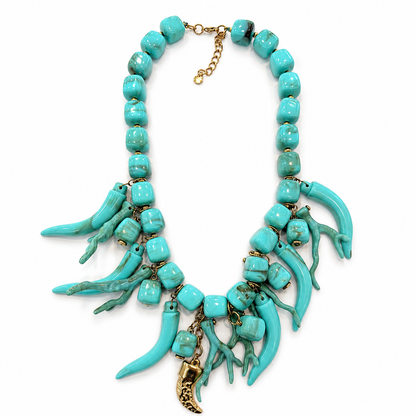 Collana Statement Turchese con Pendenti Corallo e Corno – Collana Donna Stile Mediterraneo