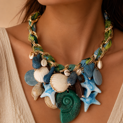 Collana Statement Marina con Conchiglie, Stelle Marine e Catena Dorata – Collana Donna Estate