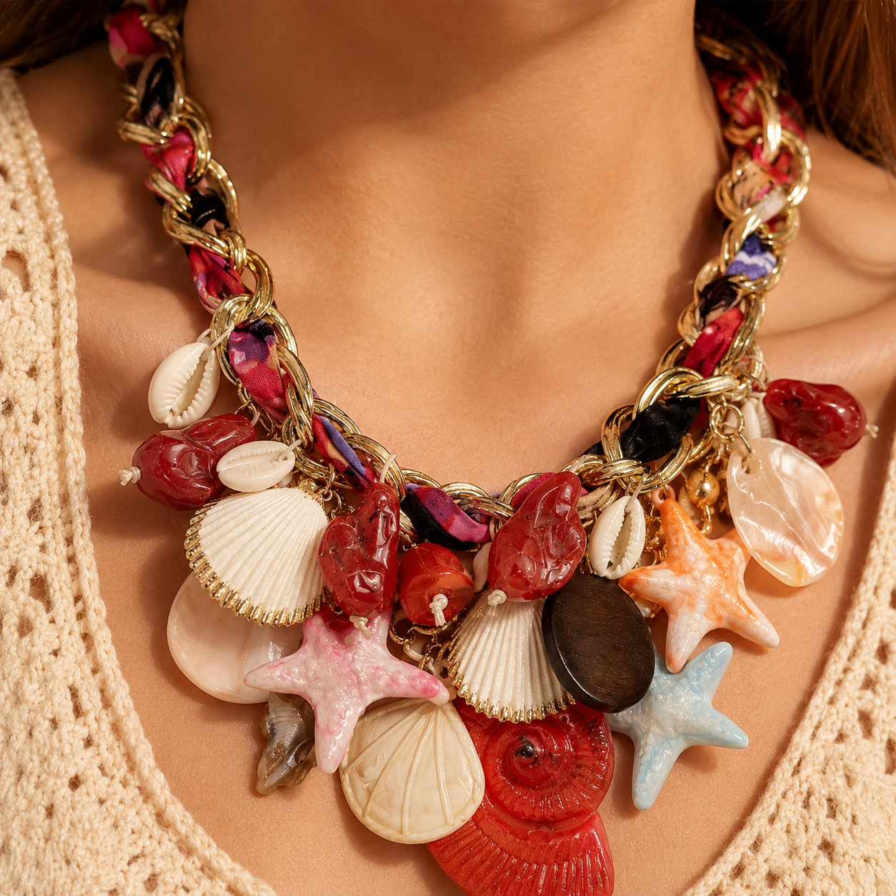 Collana Statement Marina con Conchiglie, Stelle Marine e Catena Dorata Multicolor – Collana Donna Estate