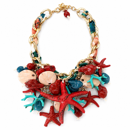 Collana Statement Marina con Stelle Marine, Coralli e Catena Dorata – Collana Donna Multicolor Estate