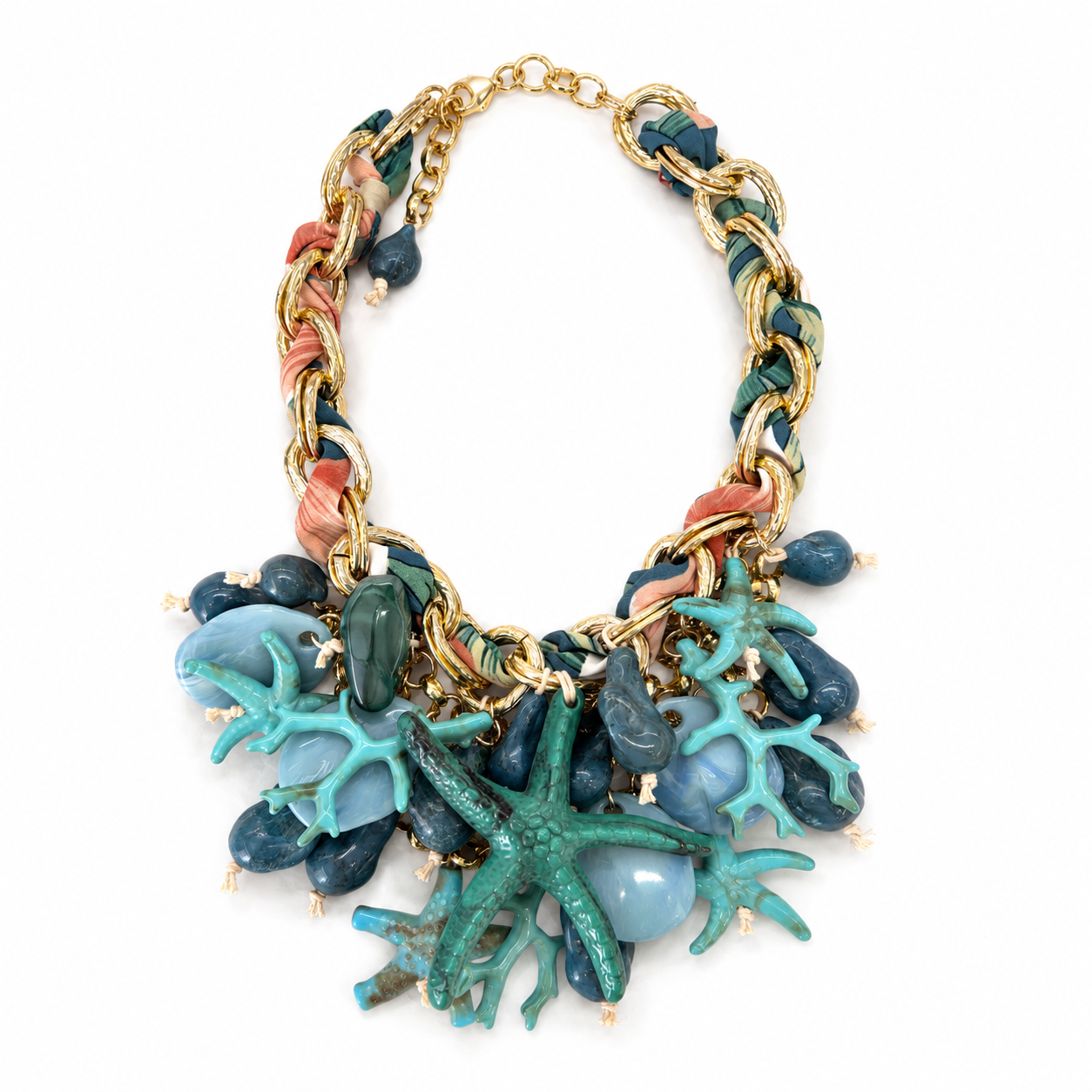 Collana Statement Marina Azzurra con Stelle Marine, Coralli e Catena Dorata – Collana Donna Estate
