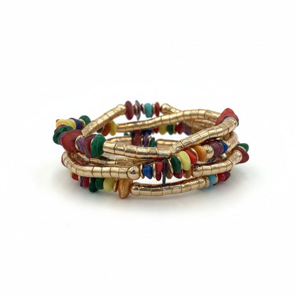 Bracciale Elastico Multigiro con Perline Colorate e Dettagli Oro – Stile Boho Chic Donna