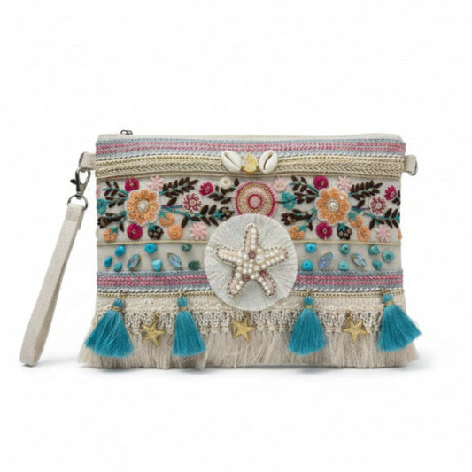 Pochette Boho Mare con Stella Marina – Borsa Estiva Ricamata con Nappine