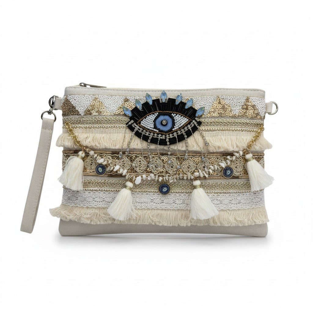 Pochette Boho Chic con Occhio Portafortuna – Borsa Estiva con Conchiglie e Nappine