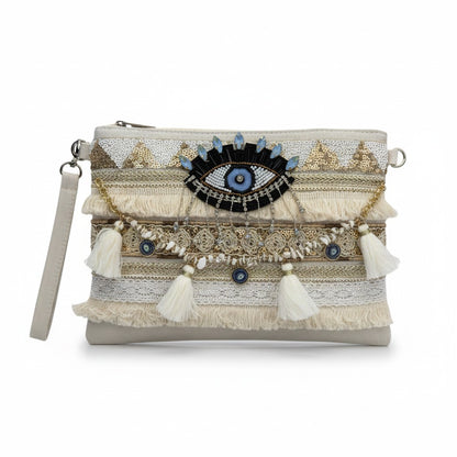 Pochette Boho Chic con Occhio Portafortuna – Borsa Estiva con Conchiglie e Nappine