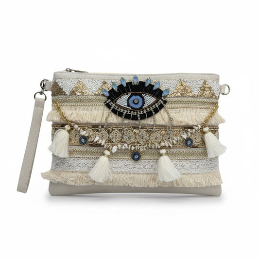 Pochette Boho Chic con Occhio Portafortuna – Borsa Estiva con Conchiglie e Nappine