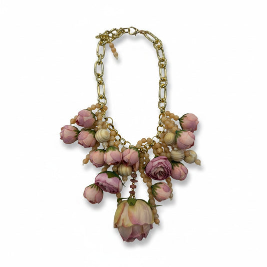Collana Rosa Floreale con Catena Dorata – Statement Necklace Romantica
