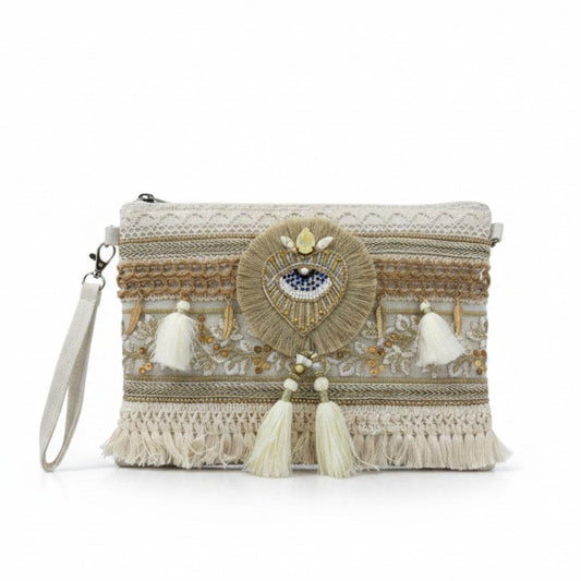 Pochette Boho con Occhio Portafortuna e Frange – Eleganza Naturale