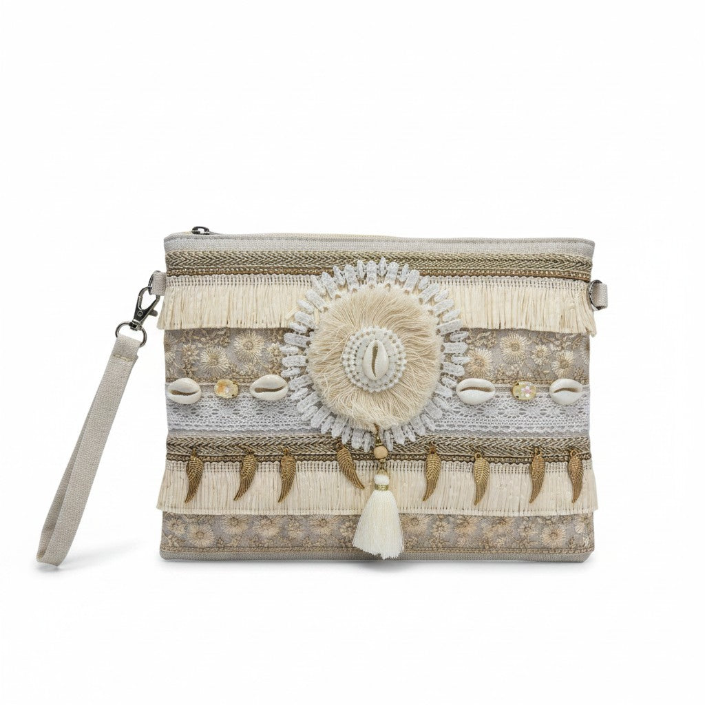 Pochette Boho Chic Beige con Conchiglie – Borsa Elegante Estiva con Nappine