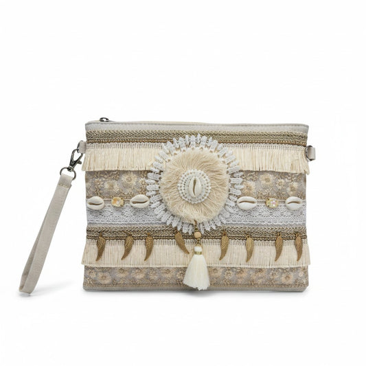 Pochette Boho Chic Beige con Conchiglie – Borsa Elegante Estiva con Nappine