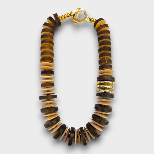 Collana Dischi Legno e Metallo – Tono Naturale e Oro