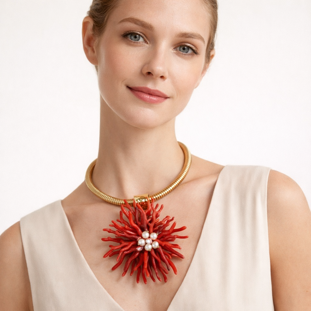 Collana Rigida Dorata con Pendente Effetto Corallo – Stile Estivo Elegante
